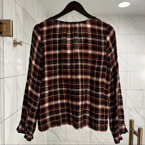 Madewell Gwen Plaid Ruffle Sleeve V-Neck Blouse Faded Rust M NWOT - Picture 10 of 13